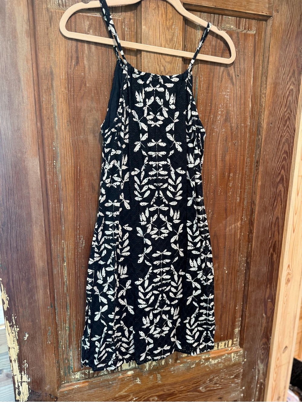 Navy and White Dragonfly Print Spaghetti Strap Eyelet Dress